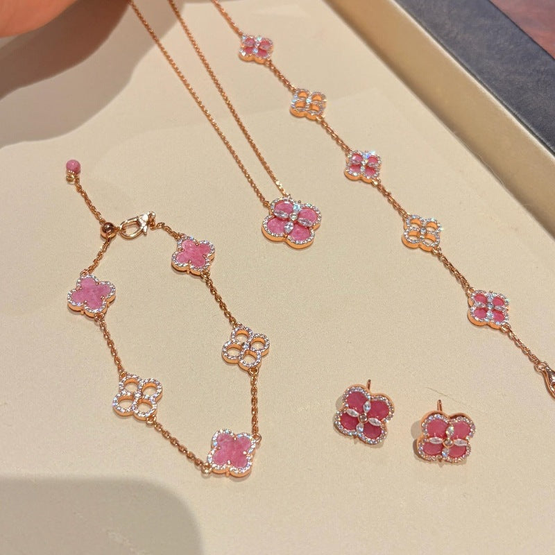 Vintage Sparkling Diamond Four-Leaf Clover Bracelet, Necklace, and Earrings