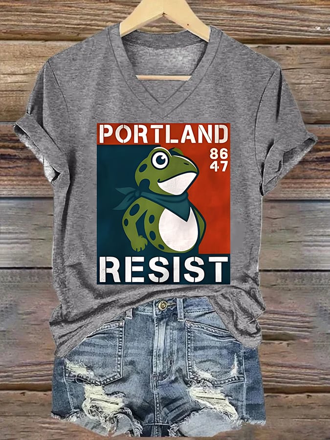 V-neck Women's Portland Frog 8647 resist Print T-Shirt