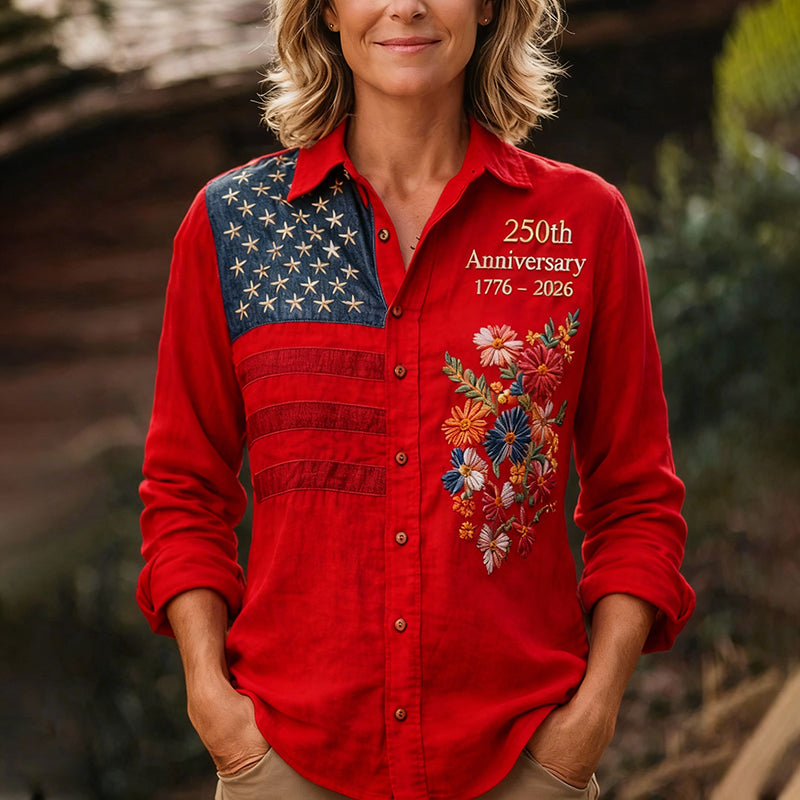 Women's 250th Anniversary American Flag Floral Button-Up Shirt