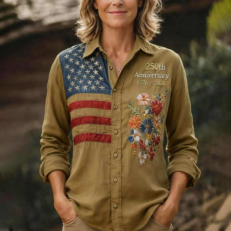 Women's 250th Anniversary American Flag Floral Button-Up Shirt