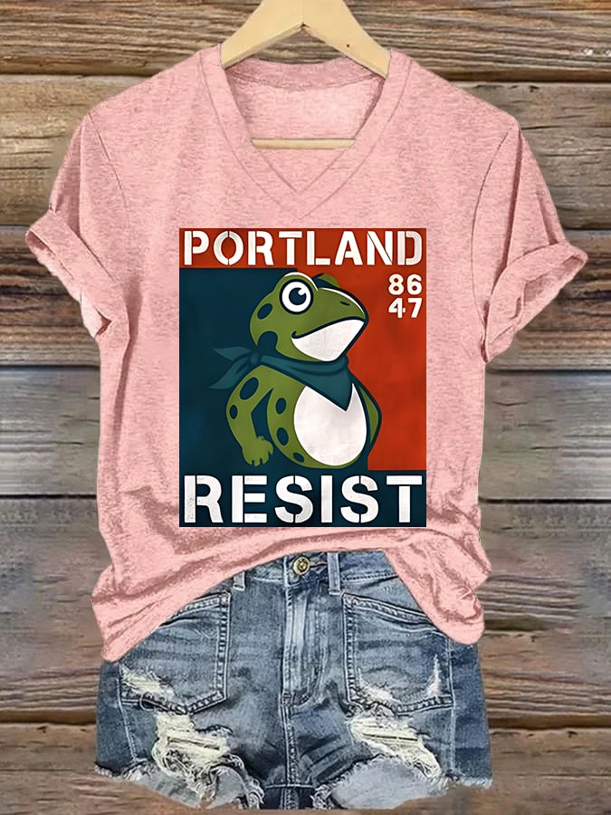 V-neck Women's Portland Frog 8647 resist Print T-Shirt