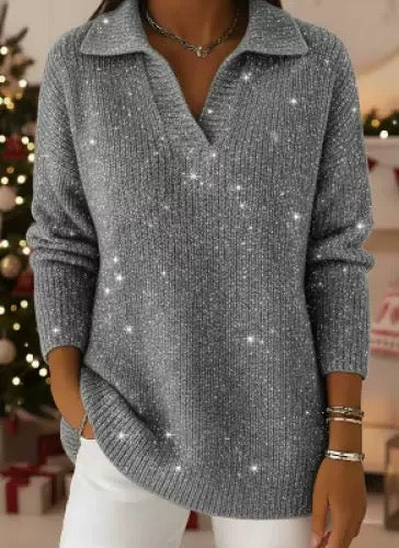 🎄 New Arrivals🔥Party Polo Collar Shiny Loose Sweater Top