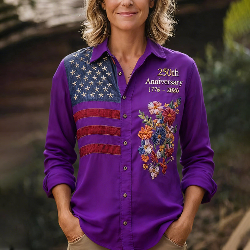 Women's 250th Anniversary American Flag Floral Button-Up Shirt