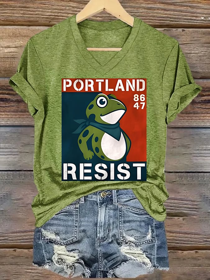 V-neck Women's Portland Frog 8647 resist Print T-Shirt
