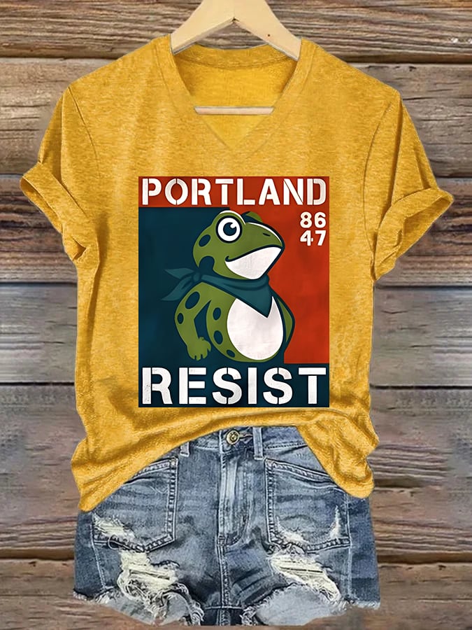 V-neck Women's Portland Frog 8647 resist Print T-Shirt