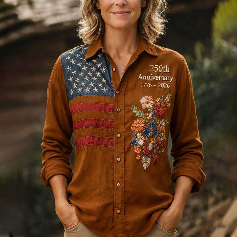 Women's 250th Anniversary American Flag Floral Button-Up Shirt
