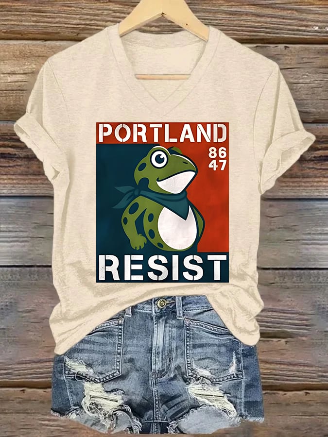 V-neck Women's Portland Frog 8647 resist Print T-Shirt