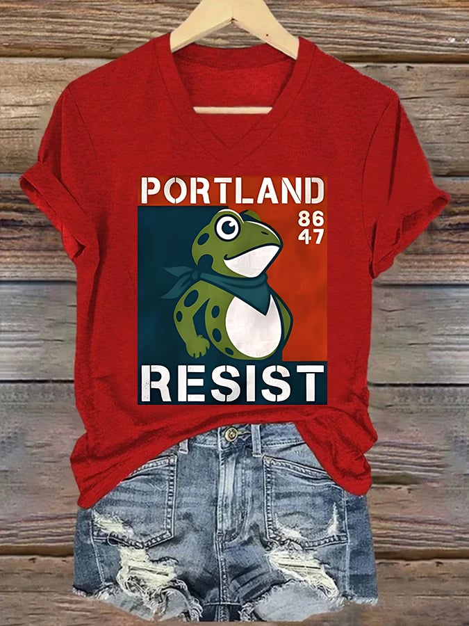 V-neck Women's Portland Frog 8647 resist Print T-Shirt