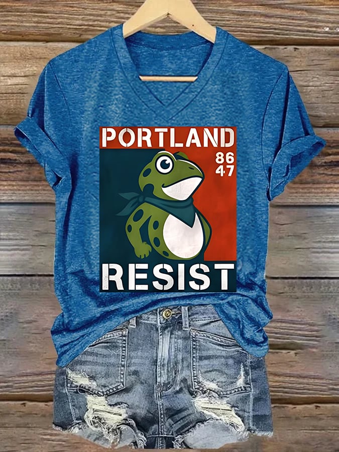 V-neck Women's Portland Frog 8647 resist Print T-Shirt