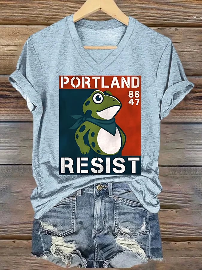 V-neck Women's Portland Frog 8647 resist Print T-Shirt