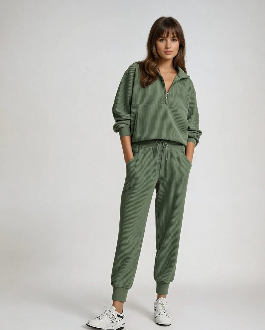 Cozy Ribbed Half-Zip Two-Piece Lounge Set — Effortless Comfort