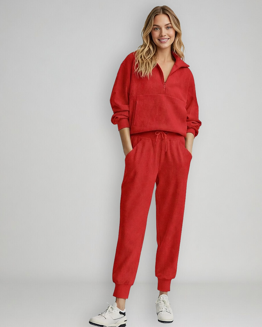 Cozy Ribbed Half-Zip Two-Piece Lounge Set — Effortless Comfort