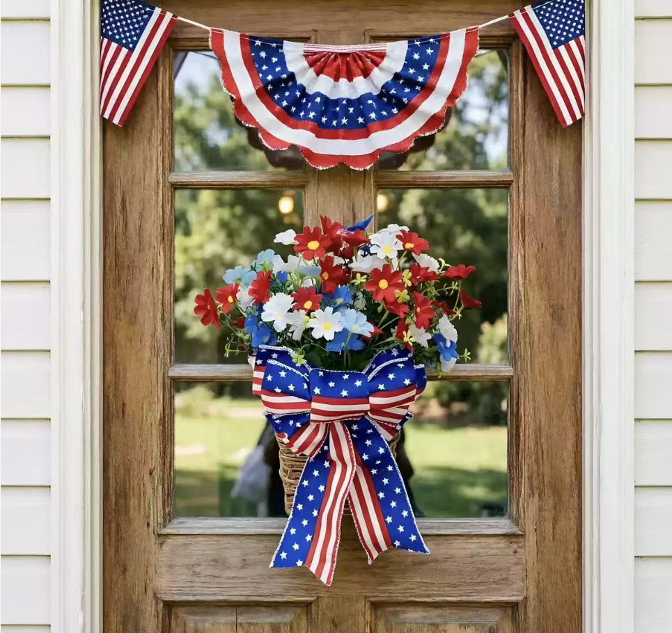 Patriotic Door Wreath & Bunting Flag Set – American Holiday Decoration Kit
