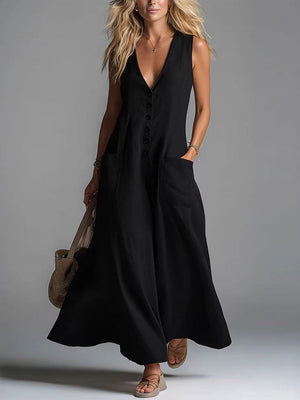 Women's deep V-neck maxi dress in Black – front view