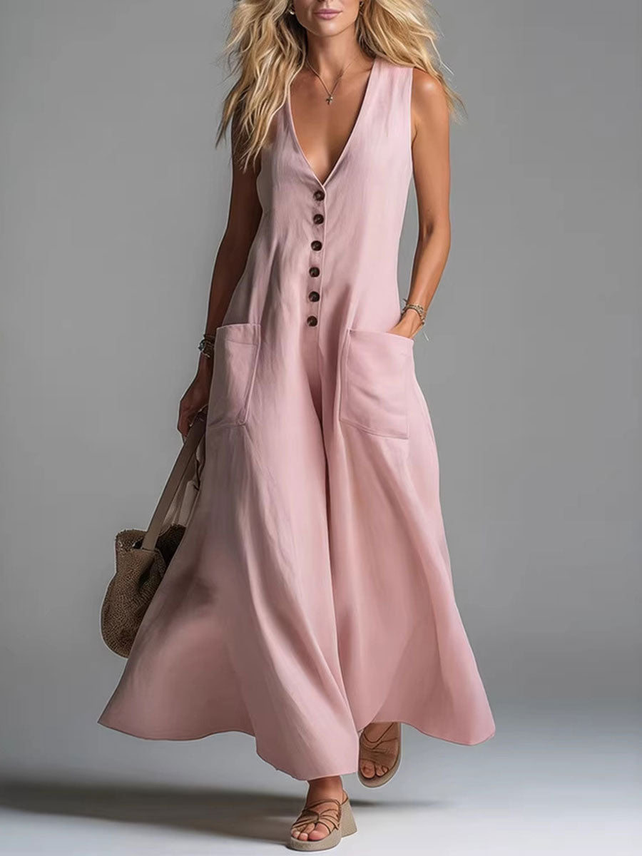 Women's deep V-neck maxi dress in Pink – front view