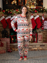 Family Christmas Pajamas All Over Reindeer Print Long-sleeve with Christmas Socks (SGS Certied Safety) Red+White