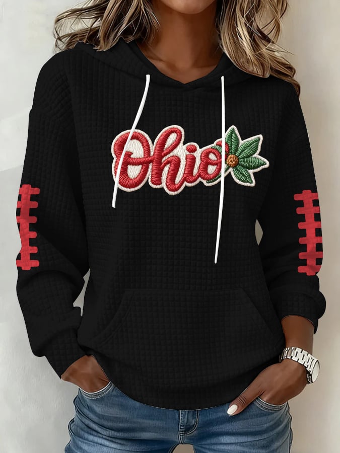 Women's Football Print Waffle Fabric Hooded Sweatshirt