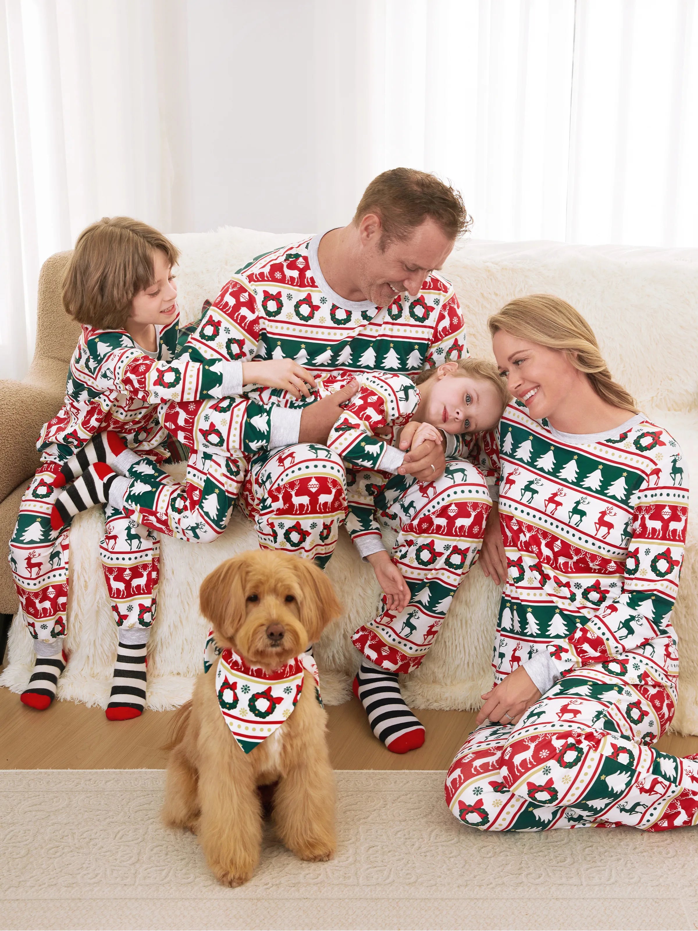 Christmas Pajamas Family Matching Allover Reindeer/Xmas Tree Pattern PJs Sets with Christmas Socks ColorBlock